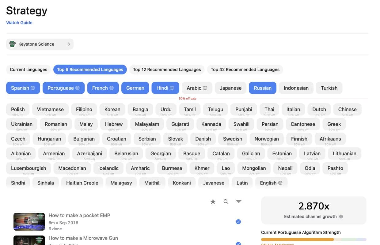 The Strategy tool with Top 6 Recommended Languages selected, language controls, a video queue, and estimated channel growth.